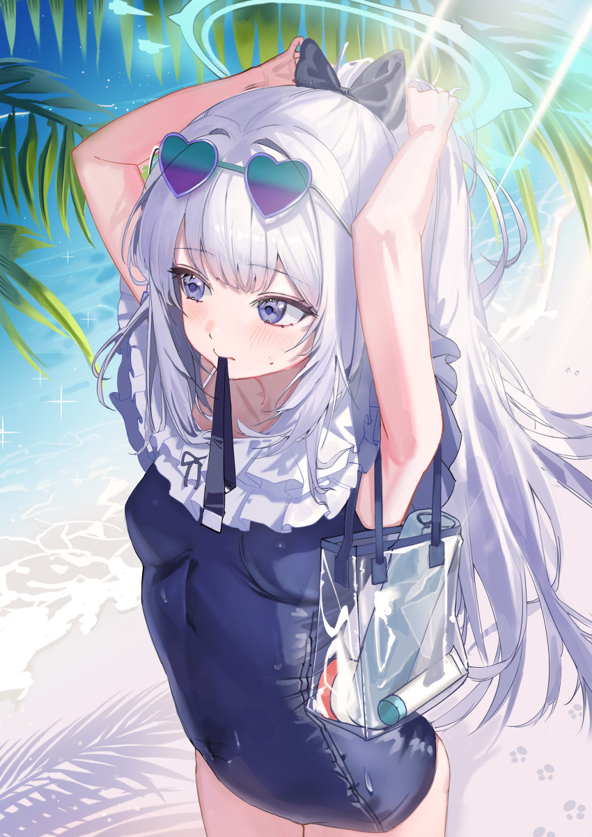 1girl absurdres adjusting_hair bare_arms bare_legs bare_shoulders beach black_one-piece_swimsuit blue_archive blue_halo blush breasts casual_one-piece_swimsuit closed_mouth cowboy_shot day eyewear_on_head frilled_one-piece_swimsuit frills grey_hair halo heart heart-shaped_eyewear highres kamu_(stead06y) long_hair miyako_(blue_archive) miyako_(swimsuit)_(blue_archive) ocean one-piece_swimsuit outdoors ponytail purple_eyes small_breasts solo sunglasses swimsuit