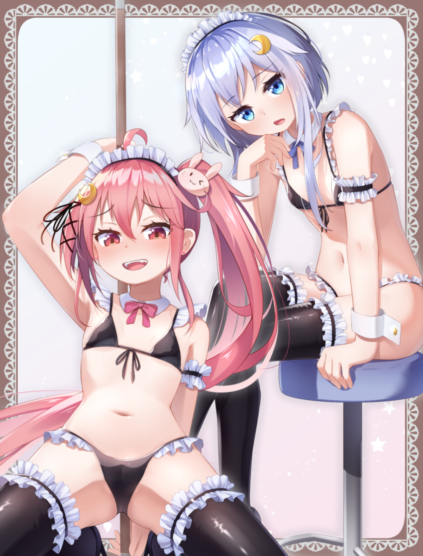 2girls ahoge bar_stool bikini black_thighhighs blue_eyes blush breasts commentary_request crescent crescent_hair_ornament crossed_legs detached_collar earrings furrowed_brow hair_ornament hand_on_own_chin high_heels highres holding holding_mop jewelry kantai_collection kneeling long_hair maid maid_bikini maid_headdress mop multiple_girls open_mouth purple_hair purple_ribbon red_eyes red_hair ribbon shiira_kan short_hair short_hair_with_long_locks side_ponytail small_breasts smile spread_legs star_(symbol) stool sweatdrop swimsuit teeth thighhighs unconventional_maid upper_teeth_only uzuki_(kancolle) yayoi_(kancolle)