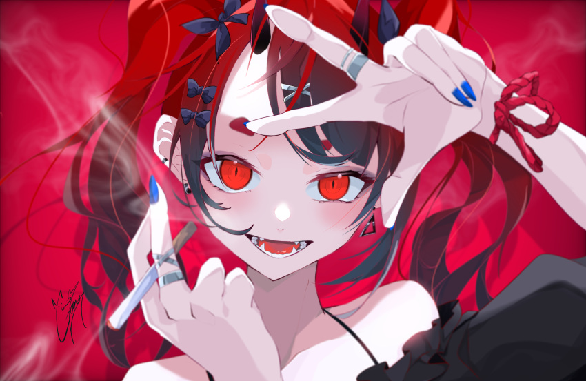1girl blue_nails cigarette earrings fangs fingernails goma_irasuto highres holding holding_cigarette jewelry medium_hair nail_polish oni original red_background red_eyes red_hair ring signature twintails upper_body