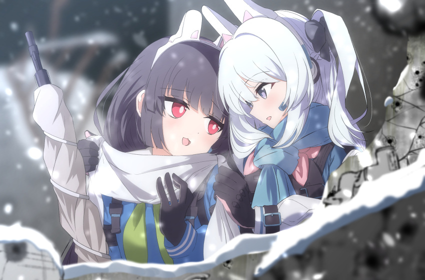2girls animal_ears black_gloves black_hair blue_archive blue_scarf blush bolt_action bright_pupils earpiece fake_animal_ears gloves green_neckerchief grey_gloves grey_hair gun highres kaine_(gupisgood) long_hair long_sleeves miyako_(blue_archive) miyu_(blue_archive) mosin-nagant multiple_girls neckerchief one_side_up open_mouth pink_gloves pink_neckerchief purple_eyes rabbit_ears red_eyes rifle scarf smile two-tone_gloves weapon white_pupils white_scarf