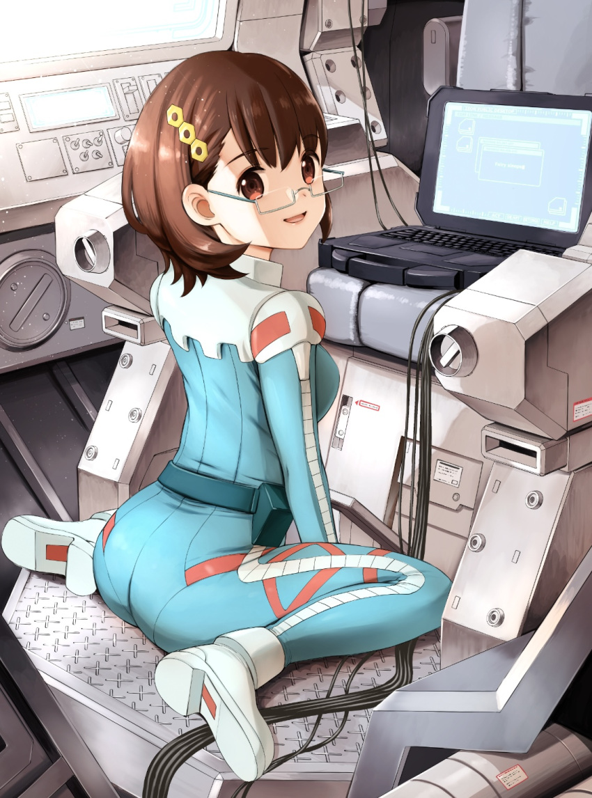 1girl belt belt_pouch blue_belt blue_bodysuit bodysuit boots breasts brown_eyes brown_hair cable commentary_request computer glasses gundam gundam_battle_operation_code_fairy hair_ornament highres laptop looking_at_viewer medium_breasts medium_hair mia_brinkman normal_suit parted_lips pilot_suit pouch semi-rimless_eyewear sitting smile solo spacesuit takagi_shuei under-rim_eyewear wariza white_footwear