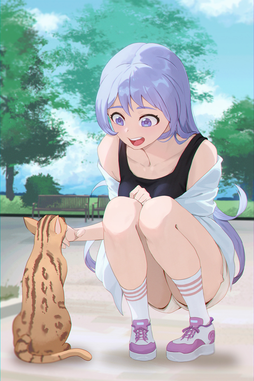 1girl absurdres black_tank_top boku_no_hero_academia cat collarbone day hadou_nejire highres long_hair looking_down matsumotoshinnnosuke open_mouth outdoors purple_eyes purple_hair shoes short_shorts shorts sneakers socks solo straight_hair tank_top very_long_hair white_shorts white_socks