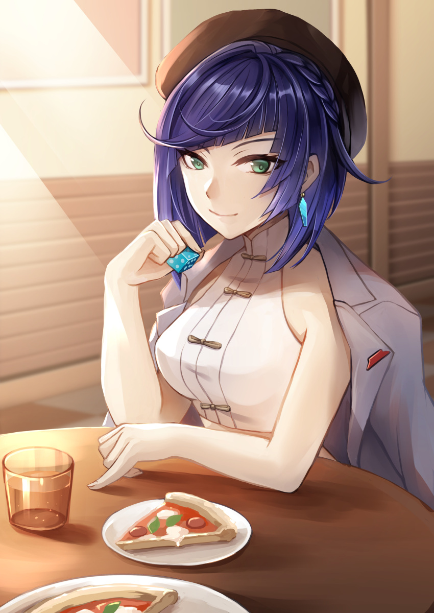 1girl absurdres ankoro bare_arms bare_shoulders beret black_hat blue_hair blunt_bangs breasts commentary_request crop_top cup drinking_glass earrings food genshin_impact green_eyes hand_up hat highres holding_dice indoors jewelry large_breasts looking_at_viewer midriff_peek pizza pizza_slice plate shirt short_hair sleeveless sleeveless_shirt smile solo table upper_body yelan_(genshin_impact)
