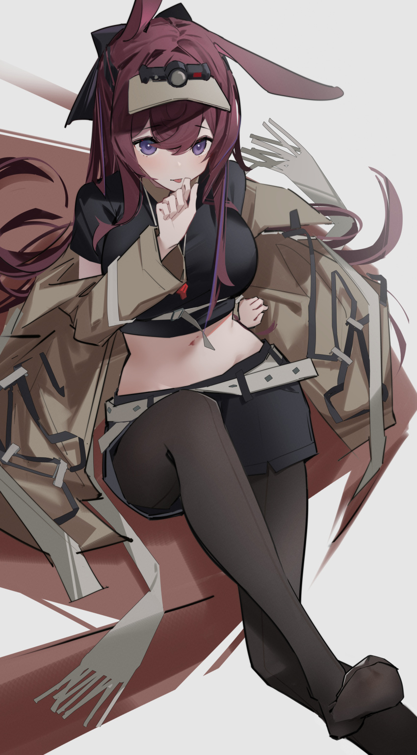 1girl :p absurdres animal_ears arknights black_pantyhose black_shirt black_shorts chichi_guai coat commentary_request foot_out_of_frame grey_coat hand_up headlamp highres knee_up long_hair long_sleeves looking_at_viewer midriff navel no_shoes off_shoulder pantyhose pantyhose_under_shorts purple_eyes purple_hair rabbit_ears rabbit_girl ray_(arknights) shirt short_sleeves shorts sitting solo toes_up tongue tongue_out very_long_hair visor_cap