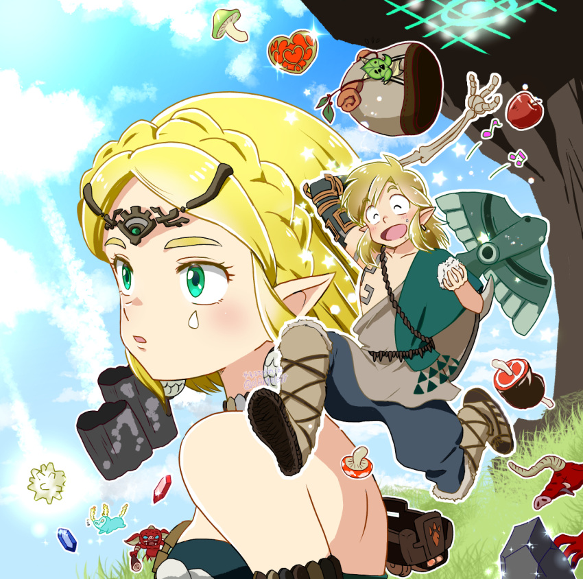 01angelegg 1boy 1girl 4others ^_^ ancient_set_(zelda) apple backpack bag bare_shoulders blonde_hair blue_pants bokoblin closed_eyes cloud cloudy_sky dress facing_viewer food fruit full_body fur-trimmed_footwear fur_trim grass green_eyes heart holding holding_food korok link looking_to_the_side moblin multiple_others mushroom musical_note onigiri open_mouth outdoors pants parody pointy_ears princess_zelda running sky sleeveless sleeveless_dress smile style_parody takahashi_rumiko_(style) the_legend_of_zelda the_legend_of_zelda:_tears_of_the_kingdom tree upper_body