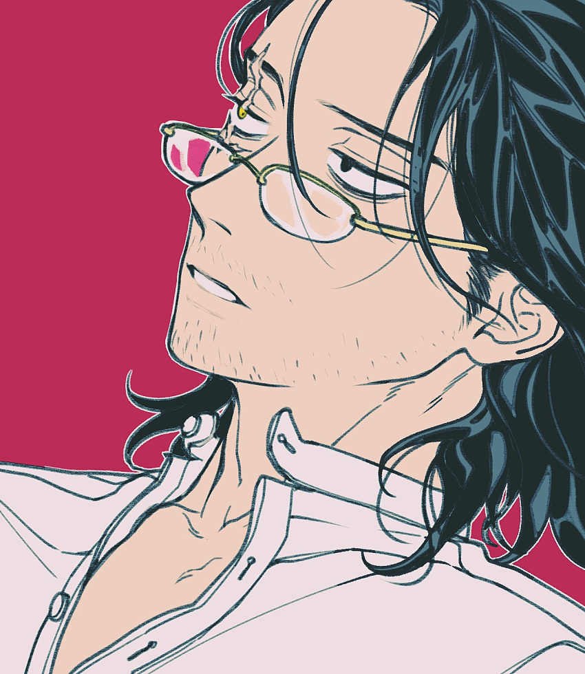 1boy adam's_apple bags_under_eyes bespectacled black_hair boku_no_hero_academia collarbone collared_shirt eraser_head_(boku_no_hero_academia) facial_hair glasses heterochromia highres male_focus mustache_stubble oru_2ji parted_lips red_background scar scar_across_eye shirt simple_background solo sparse_stubble stubble white_shirt