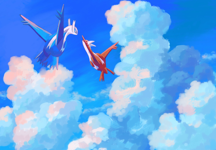 blue_wings cloud dragon highres keruasu0629 latias latios midair no_humans outdoors pokemon pokemon_(creature) red_wings sky wings