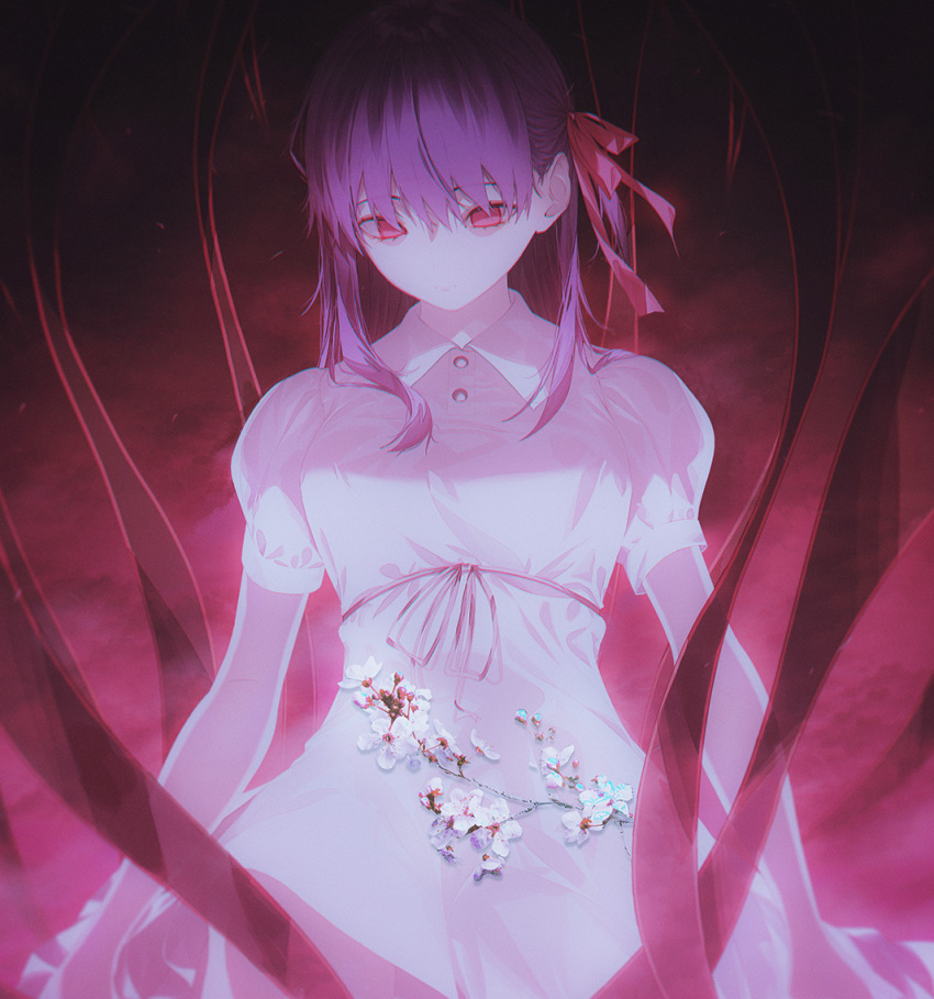 1girl bare_arms breasts closed_mouth dress expressionless fate_(series) flower fov_ps hair_ribbon looking_at_viewer matou_sakura medium_hair puffy_short_sleeves puffy_sleeves purple_hair red_background red_eyes red_ribbon red_theme ribbon short_sleeves small_breasts solo white_dress white_flower