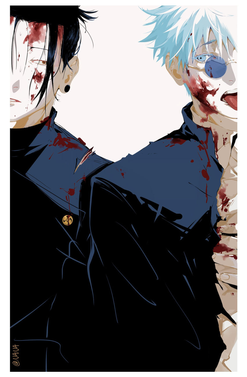 2boys absurdres black_hair black_jacket blood blood_on_cheek blood_on_clothes blood_on_eyewear blood_on_face blood_on_neck blue-tinted_eyewear blue_eyes border brown_eyes buttons collared_shirt cuts double-breasted gakuran getou_suguru gojou_satoru highres injury jacket jujutsu_kaisen loose_hair_strand male_focus messy_hair multiple_boys open_clothes open_jacket open_mouth parted_lips round_eyewear school_uniform shirt short_hair sideways_glance simple_background tariah_furlow tinted_eyewear tongue tongue_out torn_clothes torn_jacket twitter_username upper_body white_background white_border white_eyelashes white_hair white_shirt