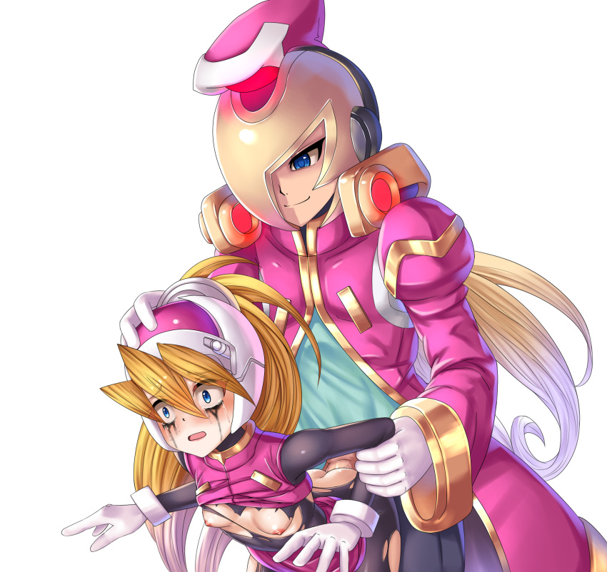 1boy 1girl ass bent_over blonde_hair blue_eyes bodystocking breasts ceijin ciel_(mega_man) clothes_lift commission commissioner_upload crying elpizo_(mega_man) gloves helmet highres long_coat mega_man_(series) mega_man_zero_(series) non-web_source open_mouth penis ponytail rape runny_makeup sex sex_from_behind shirt_lift skirt skirt_lift sleeveless small_breasts streaming_tears tears torn_clothes transparent_background vaginal wide-eyed