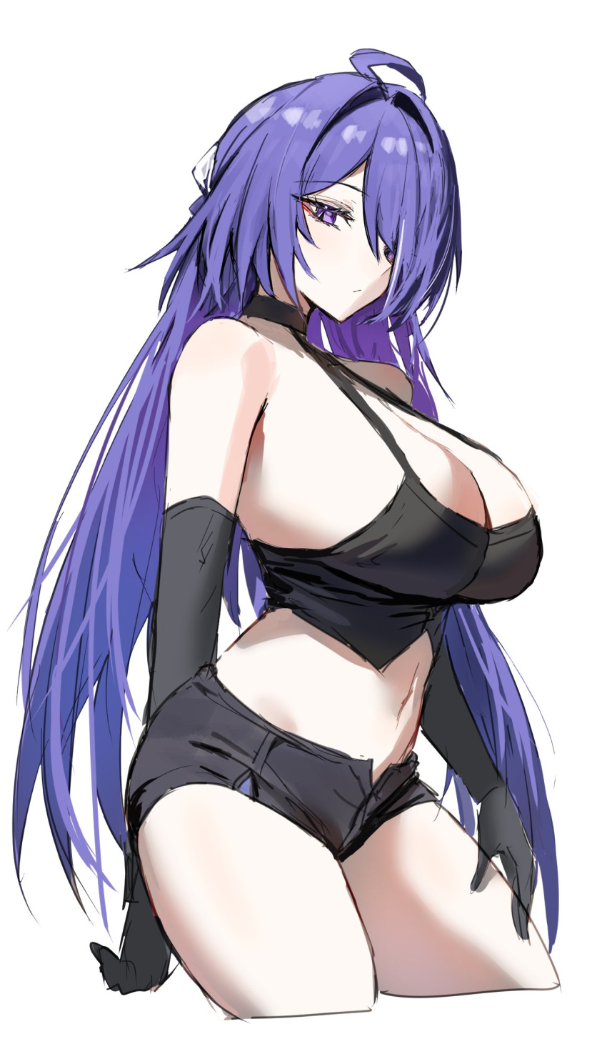 1girl acheron_(honkai:_star_rail) ahoge alternate_costume bare_shoulders black_camisole black_gloves black_shorts blue_eyes blue_hair breasts camisole cleavage closed_mouth commentary_request crop_top elbow_gloves gloves hair_over_one_eye highres honkai:_star_rail honkai_(series) horn/wood large_breasts long_hair looking_at_viewer micro_shorts midriff navel shorts simple_background solo thighs white_background