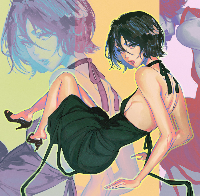 1girl black_hair bleach bleach:_sennen_kessen-hen breasts dress floppydisk7000 formal high_heels highres kuchiki_rukia looking_at_viewer purple_eyes short_hair sideboob solo