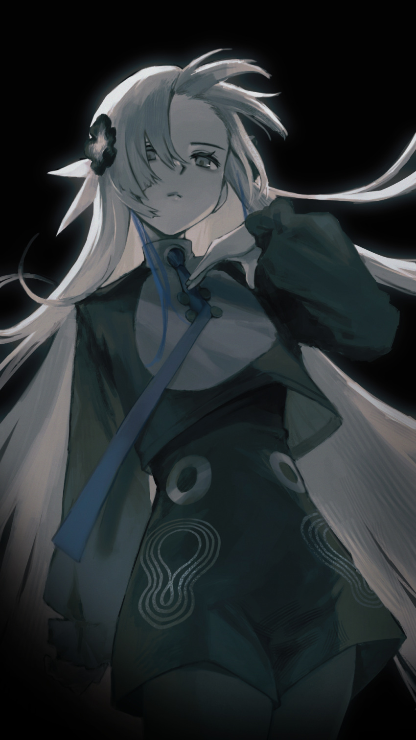 1girl black_background black_flower black_pantyhose black_romper black_shirt blue_hair blue_necktie closed_mouth commentary_request cowboy_shot expressionless floating_hair flower grey_eyes grey_hair hair_flower hair_ornament hair_over_one_eye hand_on_own_chest hand_up highres isekai_joucho kamitsubaki_studio kj_keiji long_hair long_sleeves looking_at_viewer multicolored_hair necktie pantyhose puffy_long_sleeves puffy_sleeves romper shirt simple_background solo two-tone_hair very_long_hair virtual_youtuber