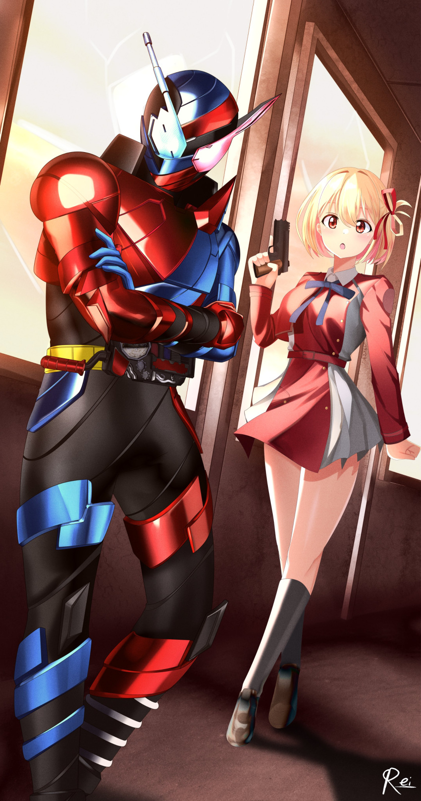 1boy 1girl absurdres armor black_bodysuit blonde_hair blue_eyes bob_cut bodysuit boots build_driver crossover dress driver_(kamen_rider) fullbottle gloves gun hair_between_eyes hair_ribbon helmet heterochromia highres holding holding_gun holding_weapon kamen_rider kamen_rider_build kamen_rider_build_(series) looking_at_viewer lycoris_recoil lycoris_uniform nishikigi_chisato pleated_dress rabbit+tank_form red_eyes red_ribbon reiei_8 ribbon rider_belt short_hair shoulder_armor tokusatsu trigger_discipline two-tone_dress weapon window