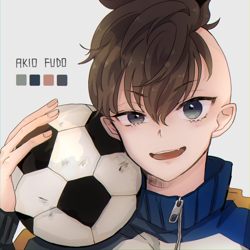 1boy ball brown_hair color_guide eyelashes fudou_akio gami_ww grey_background grey_eyes highres holding holding_ball inazuma_eleven_(series) jacket long_sleeves looking_at_viewer male_focus mohawk open_mouth simple_background soccer_ball solo track_jacket zipper_pull_tab