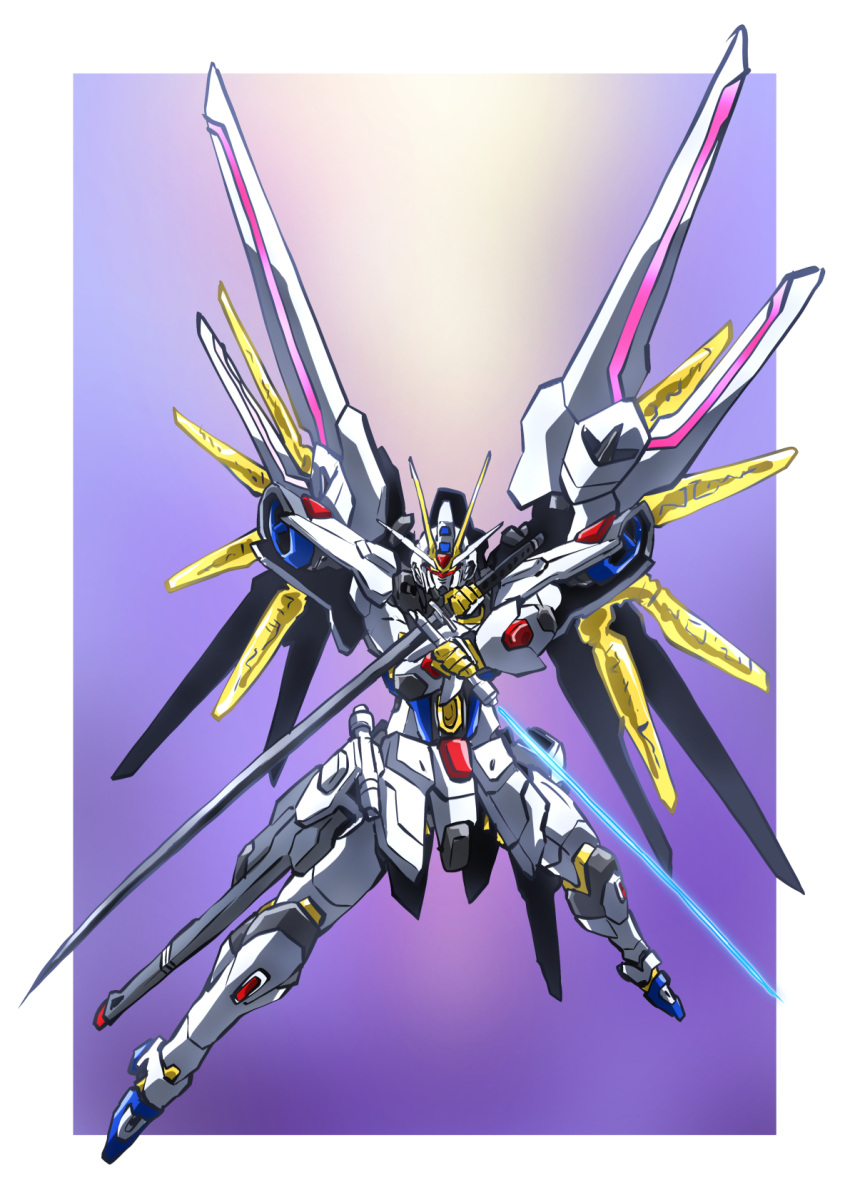 beam_saber dual_wielding energy_sword glowing gundam gundam_seed gundam_seed_freedom highres holding holding_sword holding_weapon katana looking_at_viewer mecha mighty_strike_freedom_gundam mobile_suit no_humans robot science_fiction solo sword taiga_hiroyuki v-fin weapon wings yellow_eyes