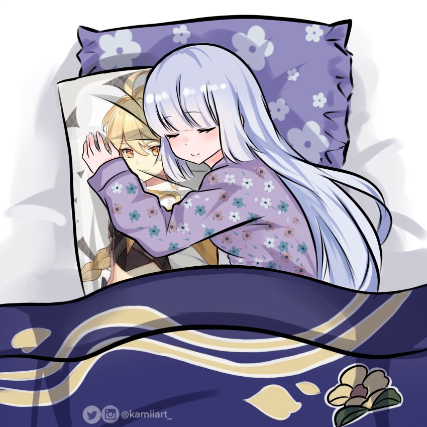 1boy aether_(genshin_impact) artist_name bed blanket body_pillow closed_eyes closed_mouth floral_print genshin_impact highres hug hugging_object instagram_logo instagram_username kamiiart kamisato_ayaka long_hair pajamas pillow pillow_hug purple_pajamas quilt sleeping smile twitter_logo twitter_username very_long_hair white_hair