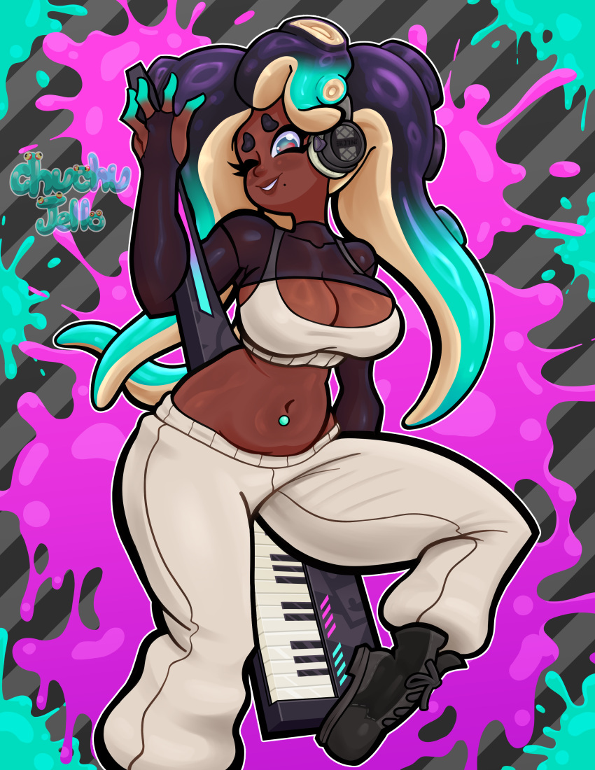 absurd_res belly big_breasts breasts cephalopod chuchujellyart cleavage clothed clothing crop_top electronics female headphones hi_res humanoid keyboard_instrument keytar marina_(splatoon) marine mollusk musical_instrument navel navel_piercing nintendo not_furry octarian octoling one_eye_closed piercing pseudo_hair shirt smile solo splatoon tentacle_hair tentacles topwear