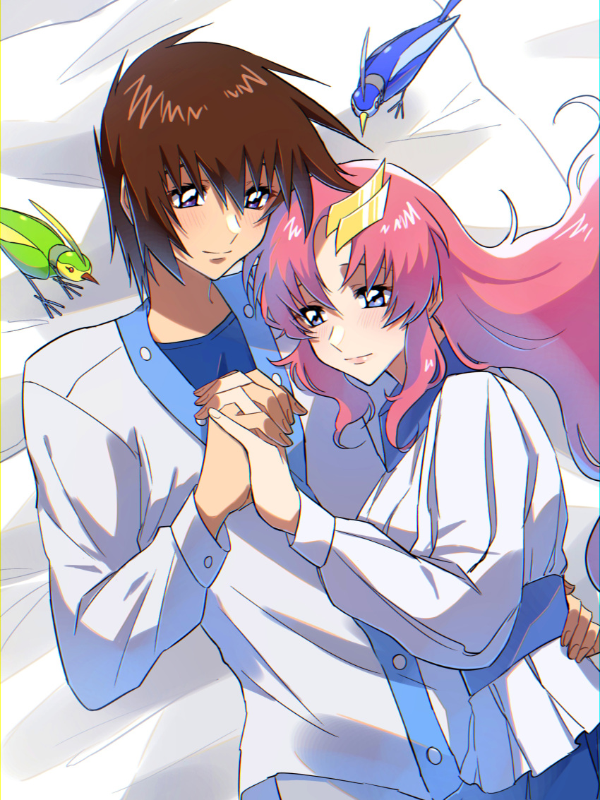 1boy 1girl absurdres bed_sheet blue_eyes blush brown_hair closed_mouth couple dress_shirt eyebrows_hidden_by_hair from_above grey_eyes gundam gundam_seed hair_between_eyes hair_ornament hairclip hetero highres holding_hands interlocked_fingers kira_yamato lacus_clyne long_hair long_sleeves lying on_back on_side pillow pink_hair rrrisyf shirt short_hair straight_hair white_shirt