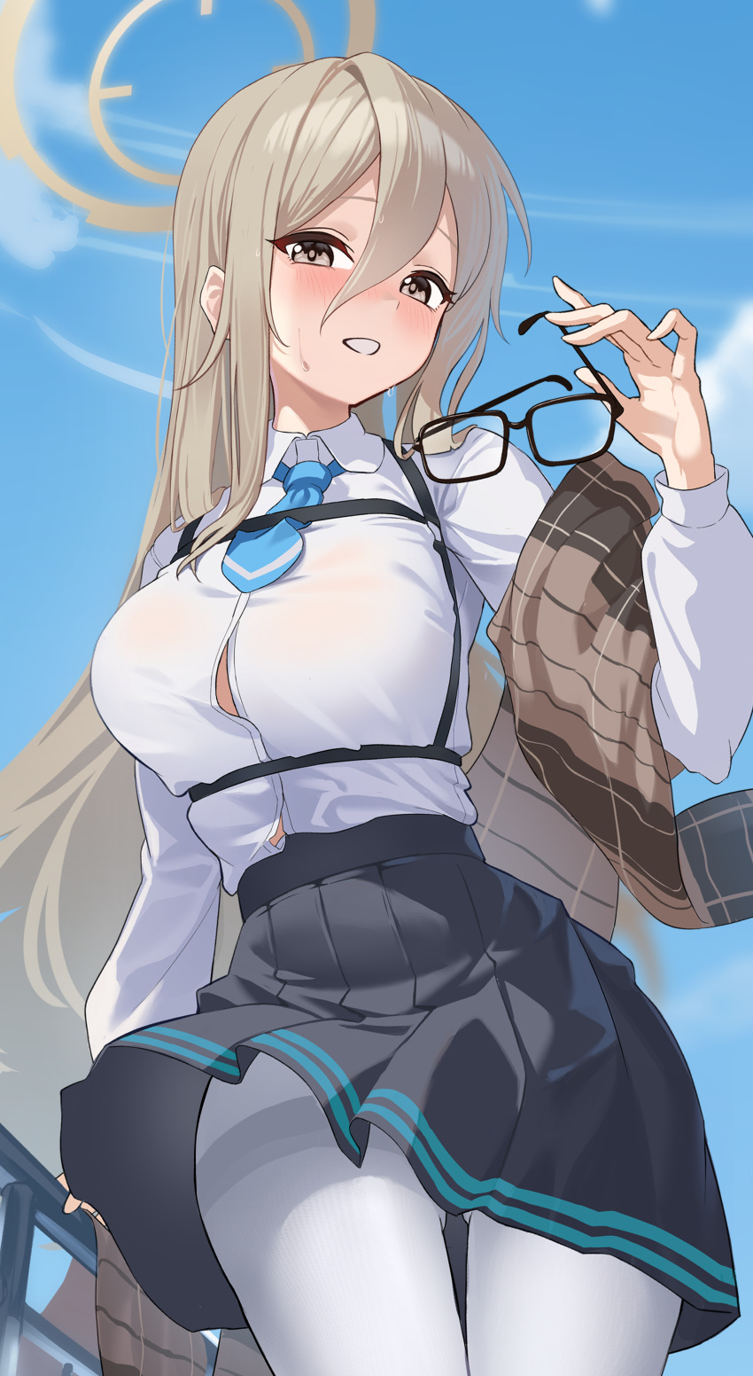 1girl absurdres akane_(blue_archive) black-framed_eyewear black_skirt blue_archive blue_necktie blue_sky blush breasts brown_halo cloud collared_shirt day from_below glasses halo highres large_breasts light_brown_hair long_hair long_sleeves necktie ojisan_kamo_shiremasen pantyhose pleated_skirt shirt skirt sky solo standing unworn_eyewear white_pantyhose white_shirt