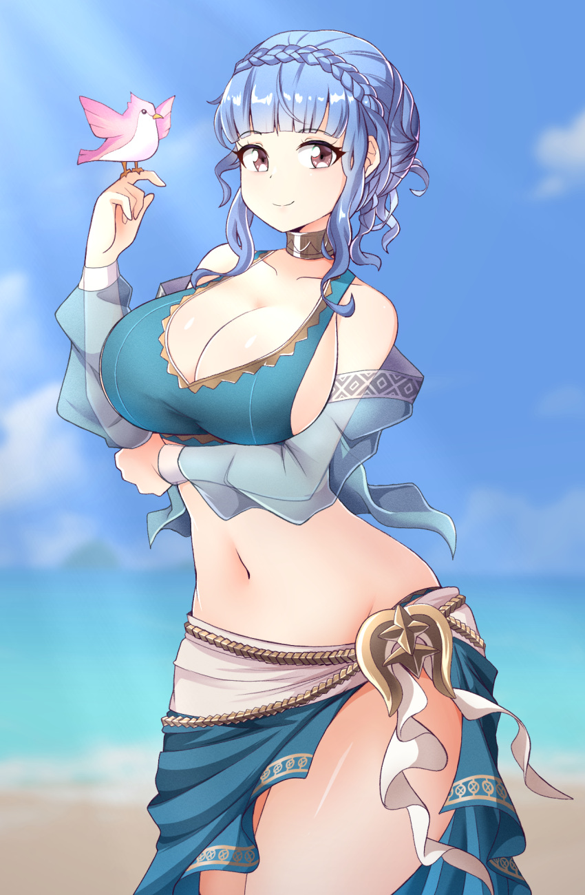 arm_under_breasts beach bikini bird bird_on_hand blue_bikini blue_hair blurry blurry_background braid breasts brown_eyes cleavage closed_mouth cowboy_shot crown_braid detached_sleeves fire_emblem fire_emblem:_three_houses highres jarckius large_breasts marianne_von_edmund navel outdoors pink_bird sarong smile swimsuit