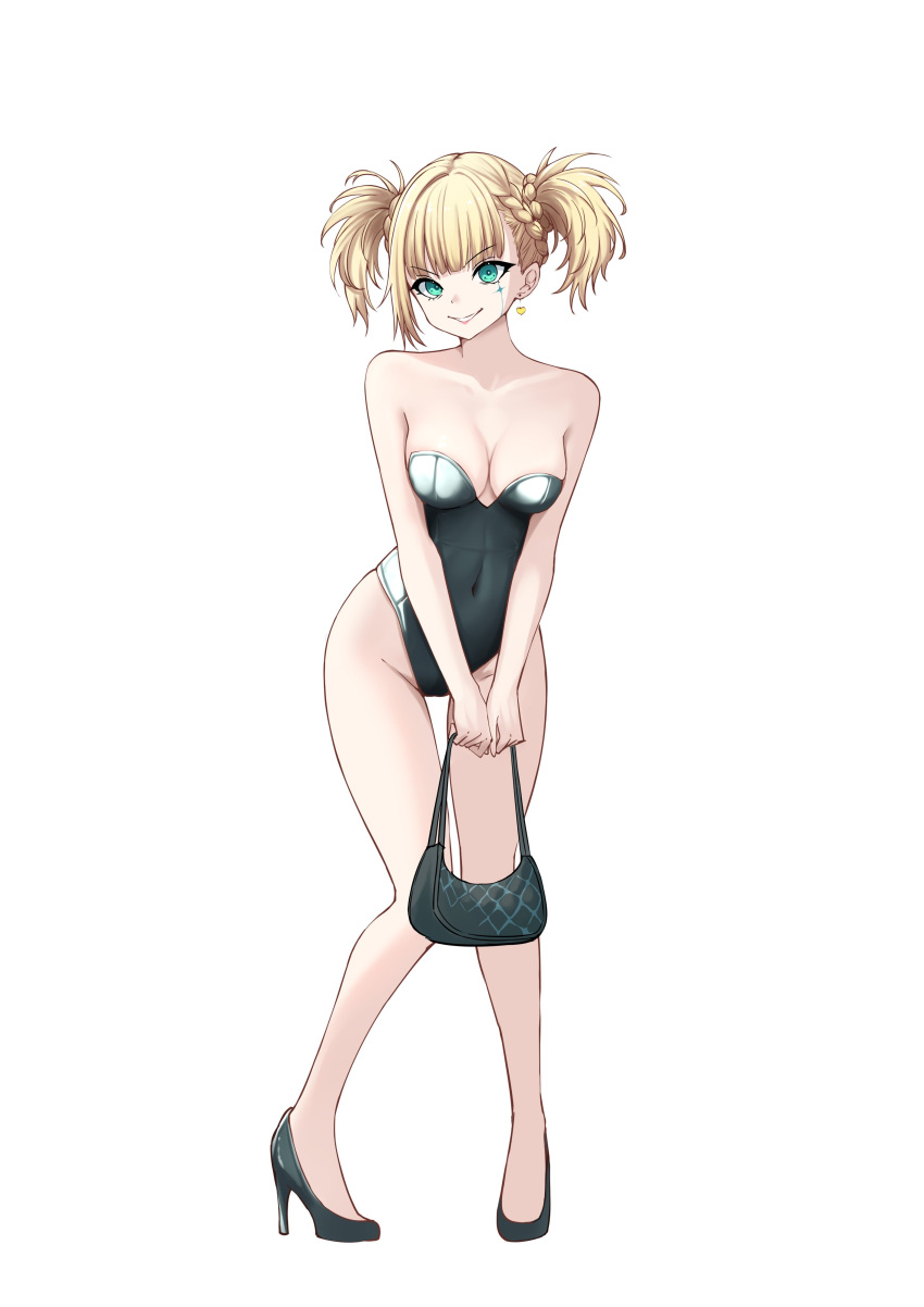 1girl absurdres aqua_eyes bag bare_arms bare_legs bare_shoulders blonde_hair braid character_request collarbone copyright_request covered_navel defaultkavy facial_mark green_leotard grin groin handbag high_heels highres holding holding_bag leotard looking_at_viewer short_hair simple_background smile solo strapless strapless_leotard thighs twintails v-shaped_eyebrows v_arms white_background