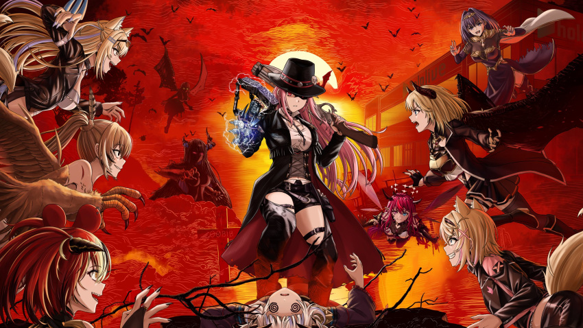 6+girls @_@ bat_(animal) black_jacket blonde_hair blue_hair brown_hair claws cowboy_hat cowboy_western crossbow demon_girl dog_girl fangs fuwawa_abyssgard gardavwar gawr_gura gawr_gura_(1st_costume) gun hakos_baelz harpy hat hat_over_one_eye highres holding holding_crossbow holding_weapon hololive hololive_english irys_(hololive) jacket long_hair mococo_abyssgard monster_girl monsterification mori_calliope mori_calliope_(sheriff) multiple_girls nanashi_mumei nerissa_ravencroft official_alternate_costume ouro_kronii pink_hair red_background red_hair sharp_teeth short_hair shotgun sunset teeth thighs tombstone virtual_youtuber watson_amelia weapon