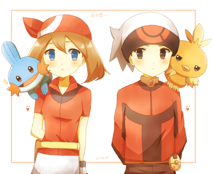 1boy 1girl arm_behind_back bandana blue_eyes blush brendan_(pokemon) brown_eyes brown_hair gloves hat long_sleeves looking_at_another may_(pokemon) mudkip on_shoulder pokemon pokemon_(creature) pokemon_on_shoulder pokemon_rse pokenav red_bandana red_shirt shirt short_sleeves torchic upper_body white_hat ymzmi