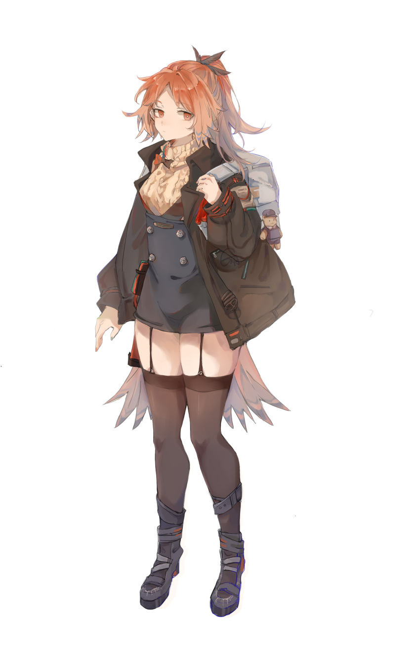 1girl absurdres arknights arm_at_side backpack bag black_footwear black_jacket black_skirt black_thighhighs blue_pupils boots buttons cable_knit double-breasted feather_hair full_body garter_straps hand_up high-waist_skirt high_heel_boots high_heels highres huiyuenoyi jacket legs_apart legs_together long_hair long_sleeves looking_at_viewer open_clothes open_jacket orange_eyes orange_hair pinecone_(arknights) ponytail sidelocks simple_background skirt solo suspender_skirt suspenders sweater thighhighs thighs turtleneck turtleneck_sweater white_background yellow_sweater zettai_ryouiki