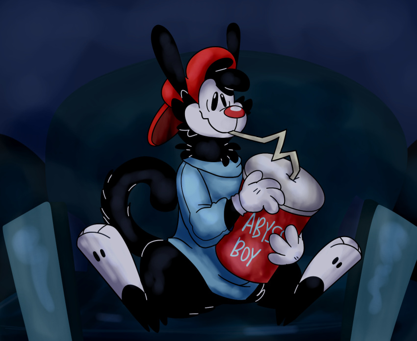 2017 animaniacs anthro backwards_baseball_cap backwards_hat baseball_cap beverage black_body black_fur blue_clothing blue_shirt blue_topwear bottomless chair clothed clothing container cup detailed_background digital_drawing_(artwork) digital_media_(artwork) digitigrade dot_eyes drinking drinking_straw drinking_straw_in_mouth full-length_portrait fur furniture gloves handwear hat head_tuft headgear headwear hindpaw holding_beverage holding_object inkblot jaspering male male_anthro mammal on_chair paws portrait red_baseball_cap red_nose redraw screencap_redraw shaded shirt sitting sitting_on_chair smile snout soft_shading solo tail topwear tuft wakko_warner warner_brothers white_body white_clothing white_fur white_gloves white_handwear