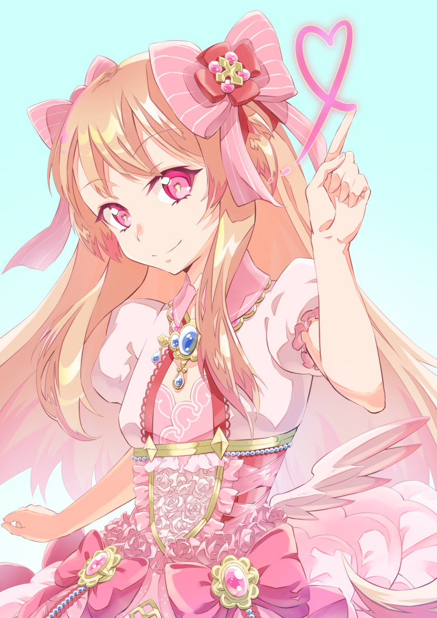 1girl blonde_hair chaos_marie_(grimms_notes) cleavage_cutout clothing_cutout flower grimms_notes hair_ribbon heart heart-shaped_pupils highres jewelry light_blue_background long_hair necklace oboro_neko pendant pink_eyes puffy_short_sleeves puffy_sleeves ribbon rose short_sleeves smile symbol-shaped_pupils upper_body wings