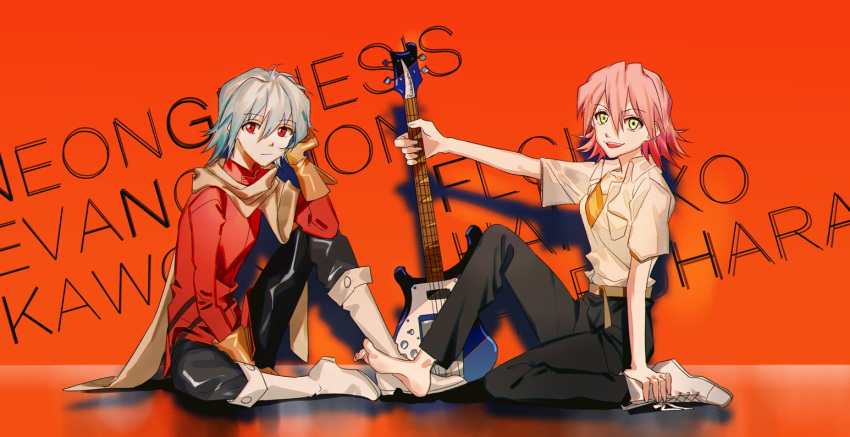 1boy 1girl barefoot boots character_name cosplay crossover flcl gainax green_eyes hair_between_eyes haruhara_haruko haruhara_haruko_(cosplay) kaminari_s nagisa_kaworu nagisa_kaworu_(cosplay) neon_genesis_evangelion red_eyes school_uniform shirt toes tokyo-3_middle_school_uniform white_footwear white_shirt