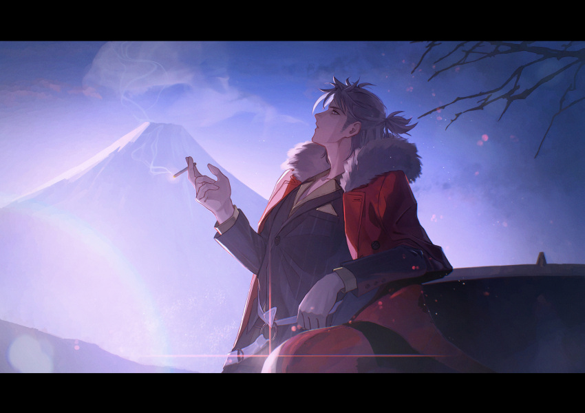 1boy cigarette clothes_over_shoulder coat fate/grand_order fate_(series) fomnant fur-trimmed_coat fur_trim grey_eyes grey_hair half_updo highres holding jacket jacket_on_shoulders low_side_ponytail pocket_square solo striped_clothes striped_jacket striped_suit suit takeda_shingen_(fate)