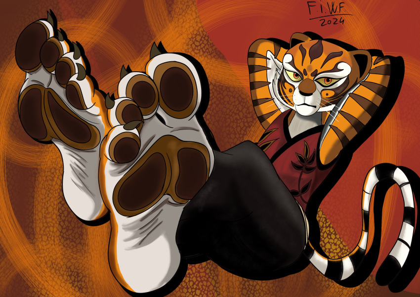 absurd_res anthro bottomwear chros972 claws clothing digital_media_(artwork) dreamworks feet felid female foot_fetish foot_focus frown fur hi_res kung_fu_panda mammal markings master_tigress pantherine pants pawpads paws simple_background solo striped_body striped_fur striped_markings striped_tail stripes tail tail_markings tiger toe_claws