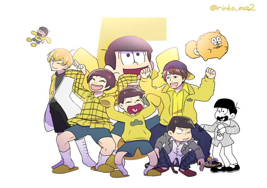 6+boys aged_down animalization antenna_hair backwards_hat bowl_cut character_doll delinquent dog hat heart heart_in_mouth idol idol_clothes long_sleeves male_focus matsuno_jyushimatsu multiple_boys multiple_persona ono_daisuke open_fly osomatsu-kun osomatsu-san osomatsu-san_on_stage_-_six_men's_show_time osomatsu-san_the_movie raglan_sleeves rinko_ma2 salute sleeves_past_wrists smile squatting teardrop time_paradox two-finger_salute voice_actor wavy_mouth white_background