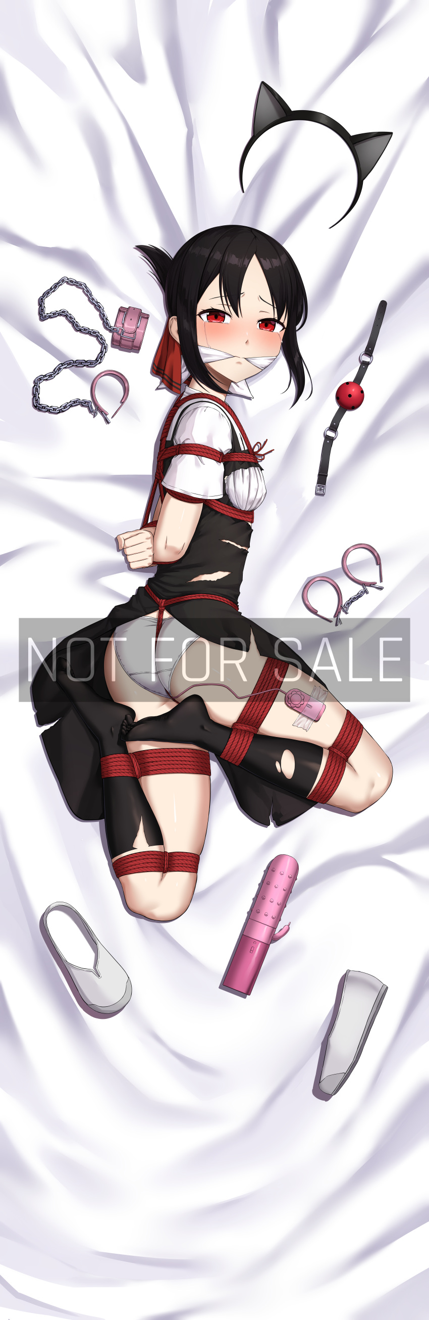 1girl a2_(agenta2) absurdres animal_ear_hairband animal_ears ass bdsm black_hair blush bondage bound breasts cat_ear_hairband cat_ears cloth_gag cuffs dildo fake_animal_ears gag gagged hair_ornament hairband handcuffs highres improvised_gag incredibly_absurdres kaguya-sama_wa_kokurasetai_~tensai-tachi_no_renai_zunousen~ panties parted_bangs restrained rope sex_toy shinomiya_kaguya small_breasts solo underwear unworn_hair_ornament watermark white_panties