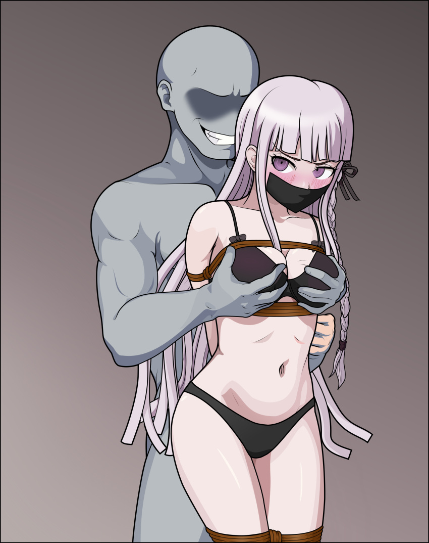 1girl absurdres arms_behind_back bdsm black_bra black_panties black_ribbon bondage bound bra braid breasts cowboy_shot danganronpa:_trigger_happy_havoc danganronpa_(series) english_commentary faceless faceless_male gag grabbing grabbing_another's_breast grabbing_from_behind grey_hair grin hair_ribbon highres just_some_guy kirigiri_kyoko large_breasts navel panties purple_eyes rape restrained ribbon rope shibari side_braid smile standing teeth underwear underwear_only