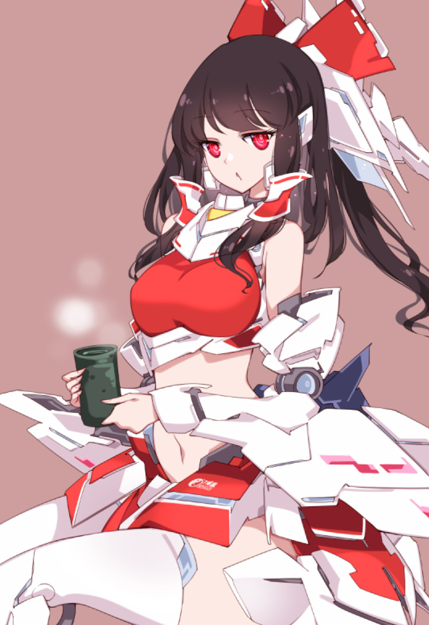 1girl adapted_costume bow breasts brown_hair clothing_request hair_bow hair_tubes hakurei_reimu highres long_hair long_sleeves mecha medium_breasts midriff navel raptor7 red_background red_bow red_eyes red_skirt robot sidelocks skirt solo stomach tea touhou white_sleeves wide_sleeves