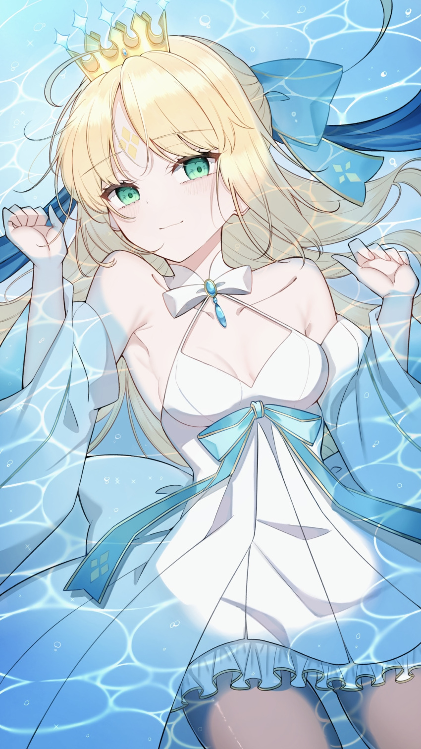 1girl absurdres ahoge artoria_caster_(fate) artoria_caster_(swimsuit)_(fate) artoria_pendragon_(fate) bare_shoulders blonde_hair blush bow breasts collarbone detached_sleeves dress_swimsuit facial_mark fate/grand_order fate_(series) forehead_mark green_eyes hair_bow highres long_hair looking_at_viewer lying mati5572 on_back one-piece_swimsuit small_breasts smile solo swimsuit thighs very_long_hair water white_one-piece_swimsuit wide_sleeves