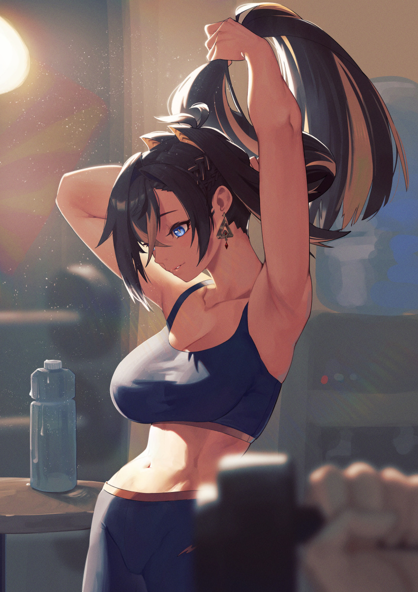 1girl 1other absurdres adjusting_hair arm_behind_head arm_up armpits bare_shoulders black_hair blonde_hair blue_eyes blurry blurry_background blurry_foreground bottle breasts cleavage collarbone crossed_bangs dangle_earrings dark-skinned_female dark_skin dehya_(genshin_impact) earrings genshin_impact hair_between_eyes hair_ears hair_intakes highres holding_dumbbell holding_own_hair huan_biao_xiang jewelry large_breasts light_particles long_hair looking_down multicolored_hair navel pants parted_lips single_earring solo_focus sports_bra stomach streaked_hair toned two-tone_hair very_long_hair water_bottle yellow_pupils yoga_pants