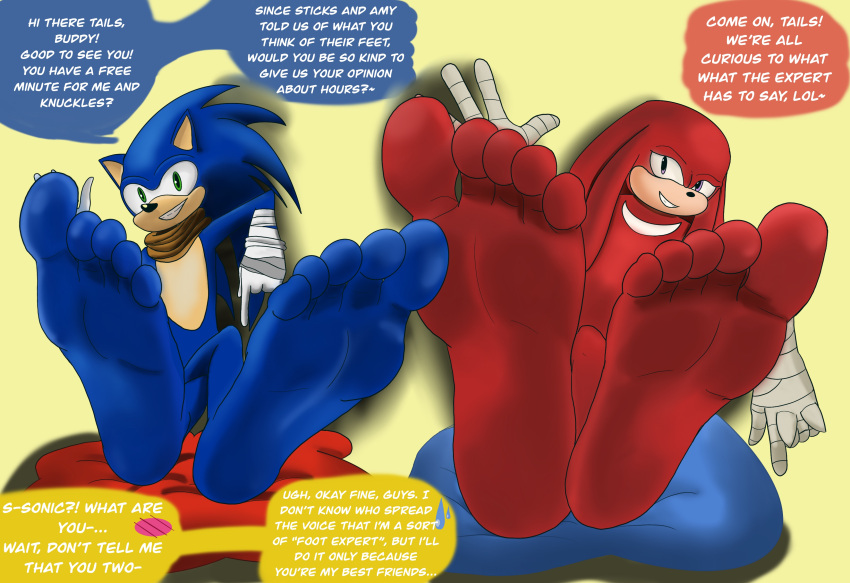 absurd_res anthro bandaged_hand barefoot chros972 clothing digital_media_(artwork) duo echidna english_text eulipotyphlan feet foot_fetish foot_focus gloves handwear hedgehog hi_res knuckles_the_echidna male male/male mammal monotreme pillow scarf sega simple_background smile sonic_boom sonic_the_hedgehog sonic_the_hedgehog_(series) text