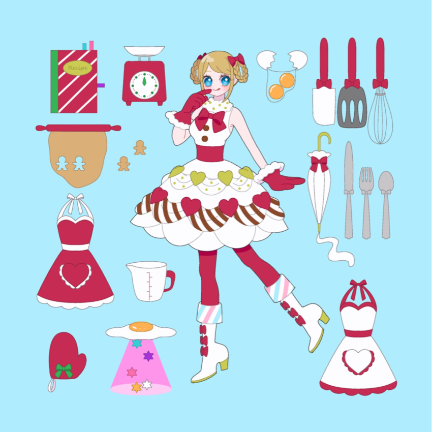 1girl apron blonde_hair blue_background blue_eyes book boots braided_hair_rings dress fried_egg fukuhara_ann full_body fur-trimmed_gloves fur_trim gloves hand_up heart heart_print high_heel_boots high_heels highres kitchen_scale knee_boots looking_at_viewer measuring_cup mittens nyaasechan pastry_bag pretty_rhythm pretty_rhythm_rainbow_live pretty_series recipe_(object) red_gloves rolling_pin short_hair smile solo spatula standing standing_on_one_leg tongue tongue_out ufo weighing_scale whisk white_dress white_footwear