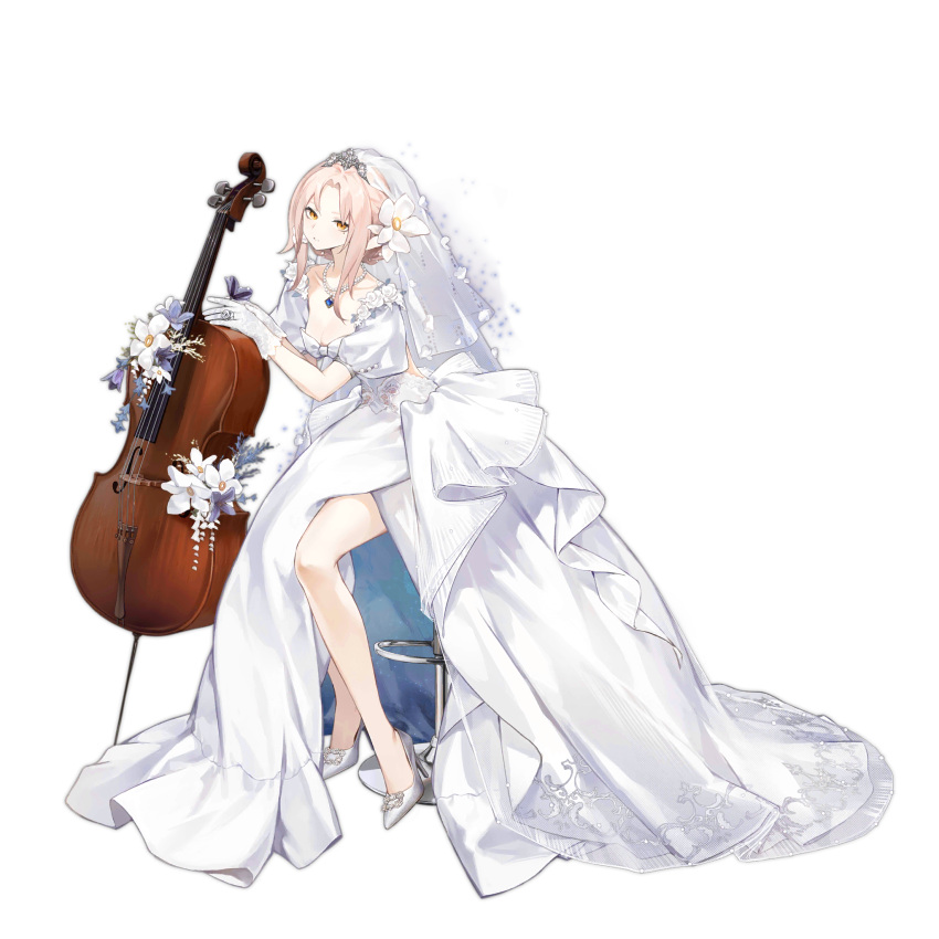 1girl aug_(blue_meditation)_(girls'_frontline) aug_(girls'_frontline) bare_legs blue_gemstone breasts bridal_veil cello dress flower flower_request full_body gem girls'_frontline gloves hair_flower hair_ornament high_heels highres instrument jewelry looking_at_viewer medium_breasts medium_hair mole mole_under_eye necklace no_socks official_alternate_costume official_art parted_bangs parted_lips pearl_necklace puffy_short_sleeves puffy_sleeves ring samail short_sleeves simple_background sitting solo stool third-party_source tiara transparent_background two-sided_dress two-sided_fabric veil wedding_dress white_dress white_flower white_footwear white_gloves white_hair yellow_eyes