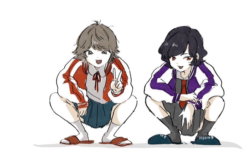 2girls arms_on_knees artist_self-insert black_hair black_socks blue_skirt brown_eyes brown_hair collared_shirt fang flipped_hair full_body grey_shirt grey_skirt hand_up highres jacket kneehighs letterman_jacket multiple_girls neck_ribbon necktie open_mouth original osouzai-kun pleated_skirt purple_jacket red_eyes red_jacket red_necktie red_ribbon ribbon school_uniform shirt short_hair side-by-side simple_background skirt slav_squatting slippers smile socks spread_legs squatting translation_request tsurime v wavy_hair white_background white_shirt white_socks