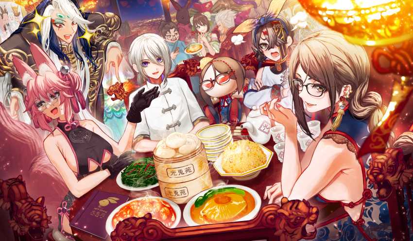 1other 3boys 4girls absurdres animal_ears bare_shoulders blue_dress blush braid braided_ponytail breasts brown_eyes brown_hair center_opening china_dress chinese_clothes dress earrings fate/grand_order fate_(series) floral_print fox_ears fox_girl fox_tail glasses han_xin_(fate) highres jewelry koyanskaya_(chinese_lostbelt_outfit)_(fate) koyanskaya_(fate) large_breasts li_shuwen_(fate) li_shuwen_(old)_(fate) long_hair multiple_boys multiple_girls pelvic_curtain prince_of_lan_ling_(fate) qin_liangyu_(fate) red_trim shi_huang_di_(fate) shibao_aoyama sideboob single_braid swept_bangs tail tamamo_(fate) tassel tassel_earrings very_long_hair xu_fu_(fate) yu_mei-ren_(fate) yu_mei-ren_(spare_the_idle_talk)_(fate)