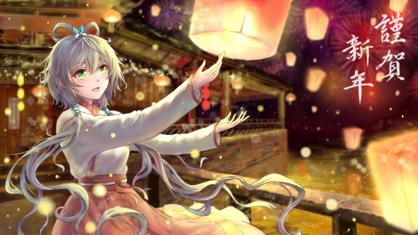 1girl alternate_costume architecture blush chinese_clothes chinese_new_year east_asian_architecture eyebrows_visible_through_hair green_eyes grey_hair hair_ornament hair_rings hair_tubes hanfu happy_new_year highres lantern long_sleeves luo_tianyi nengajou new_year night night_sky open_mouth rj_(lingshih10) short_hair short_hair_with_long_locks sidelocks sky sky_lantern solo upper_body vocaloid vocanese