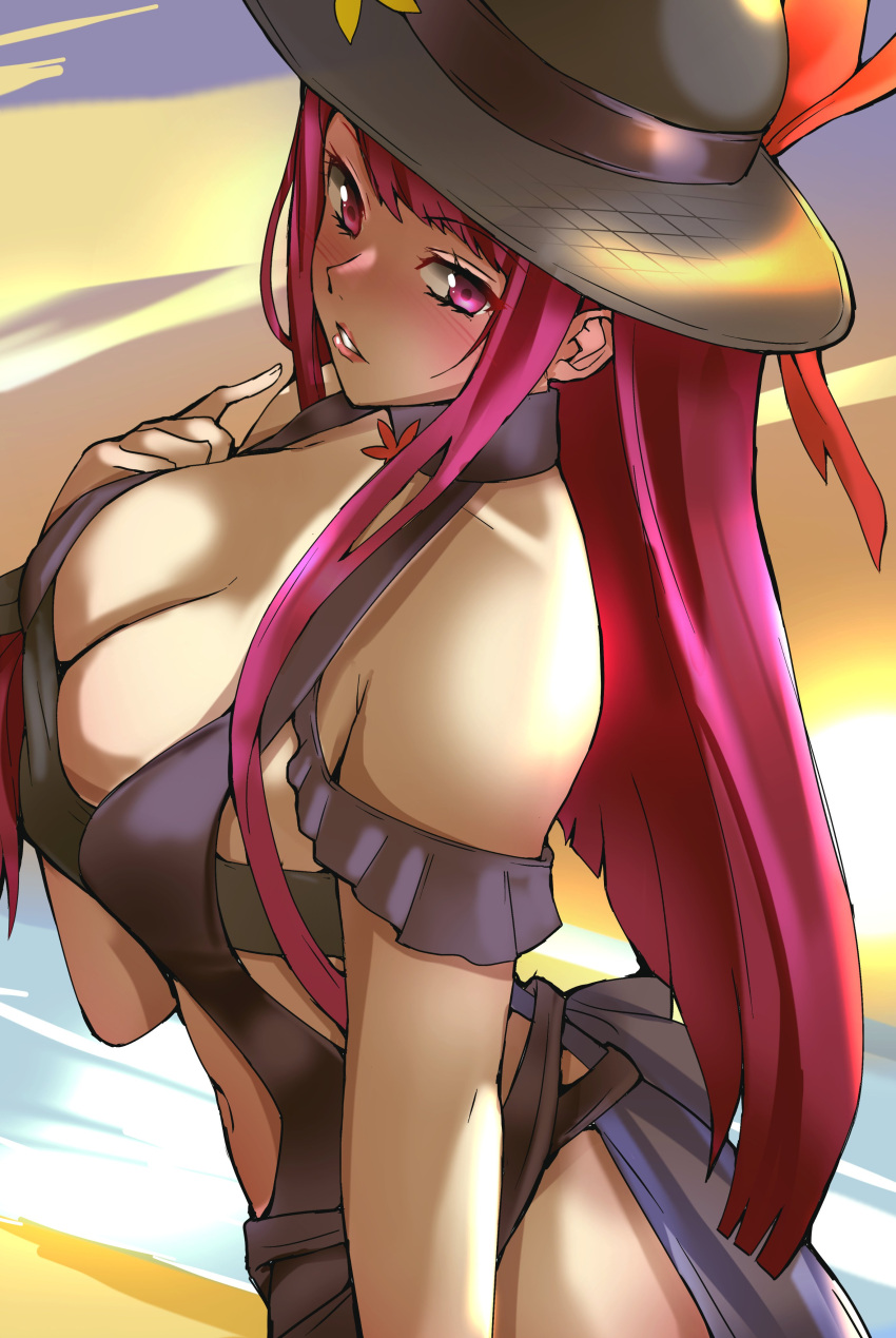 1340smile 1girl absurdres bare_shoulders black_hat breasts commentary fire_emblem fire_emblem_engage fire_emblem_heroes highres ivy_(fire_emblem) large_breasts long_hair navel official_alternate_costume one-piece_swimsuit purple_eyes purple_hair solo swimsuit upper_body very_long_hair