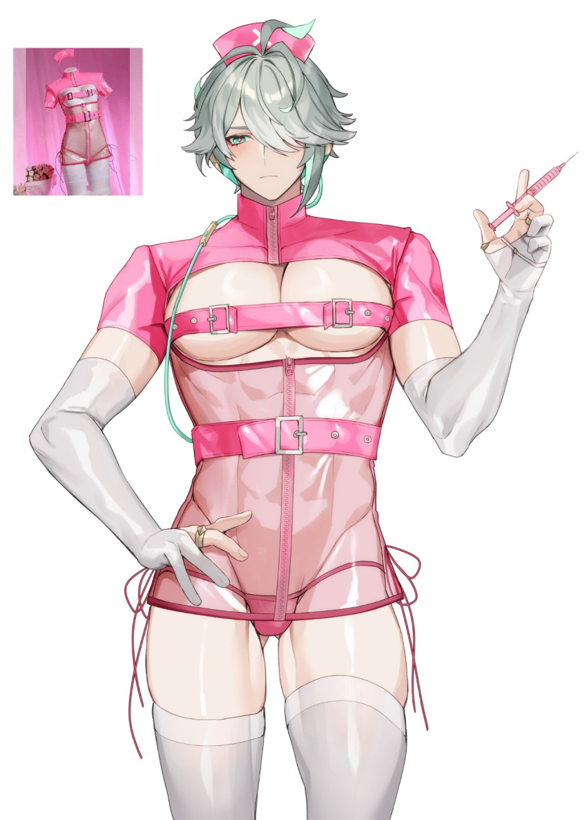 1boy abs alhaitham_(genshin_impact) alpaitham aqua_hair closed_mouth clothing_cutout crossdressing genshin_impact grey_hair hair_between_eyes hair_over_one_eye highres holding holding_syringe male_focus multicolored_hair muscular muscular_male nurse otoko_no_ko panties pink_panties shirt short_hair solo stomach syringe thighhighs underwear white_thighhighs