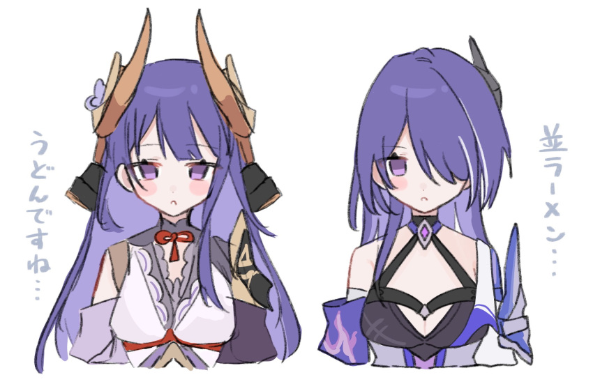 2girls acheron_(honkai:_star_rail) bandaged_arm bandages detached_sleeves fake_horns genshin_impact hair_ornament hair_over_one_eye highres honkai:_star_rail honkai_(series) horns karua0621 multicolored_hair multiple_girls purple_eyes purple_hair raiden_shogun raiden_shogun_(magatsu_mitake_narukami_no_mikoto) single_bare_shoulder streaked_hair translation_request upper_body voice_actor_connection white_background