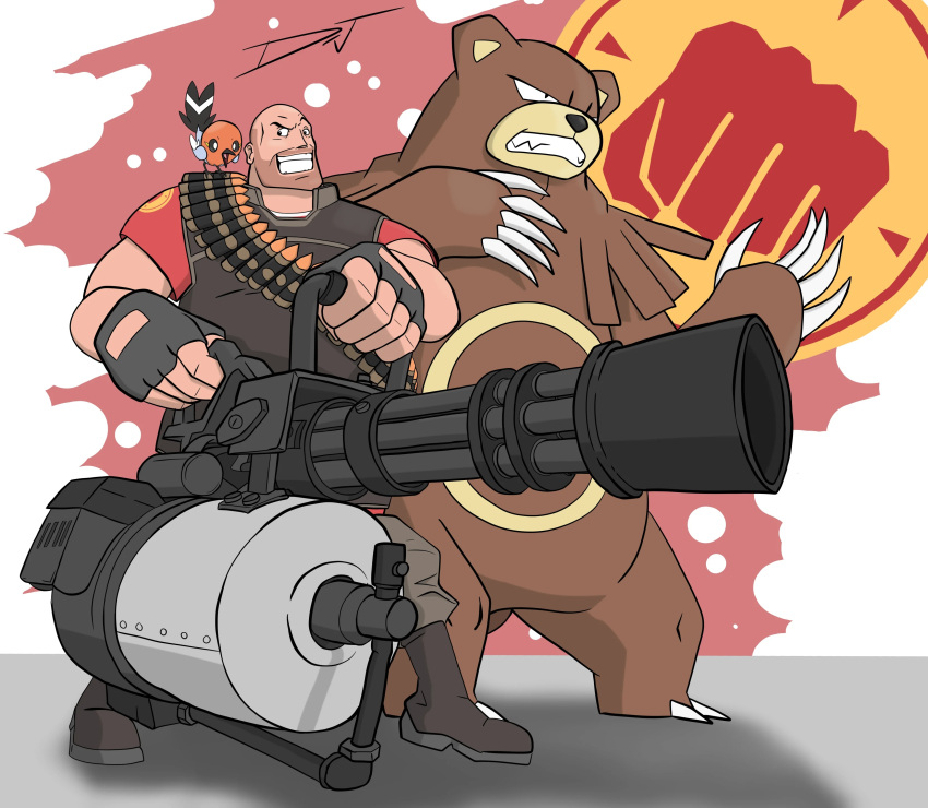 5_claws absurd_res ambiguous_gender anthro avian bear bird boots brown_body brown_fur bullet_belt claws clenched_teeth clothing crossover feral fletchinder footwear fur gatling_gun generation_2_pokemon generation_6_pokemon gloves group gun handwear heavy_(team_fortress_2) heavy_weapon hi_res holding_object holding_weapon huge_weapon human machine machine_gun male mammal markings minigun nintendo partners pokemon pokemon_(species) poorguy95 ranged_weapon shadow simple_background team_fortress_2 teeth topwear trio ursaring ursine valve vest weapon yellow_markings